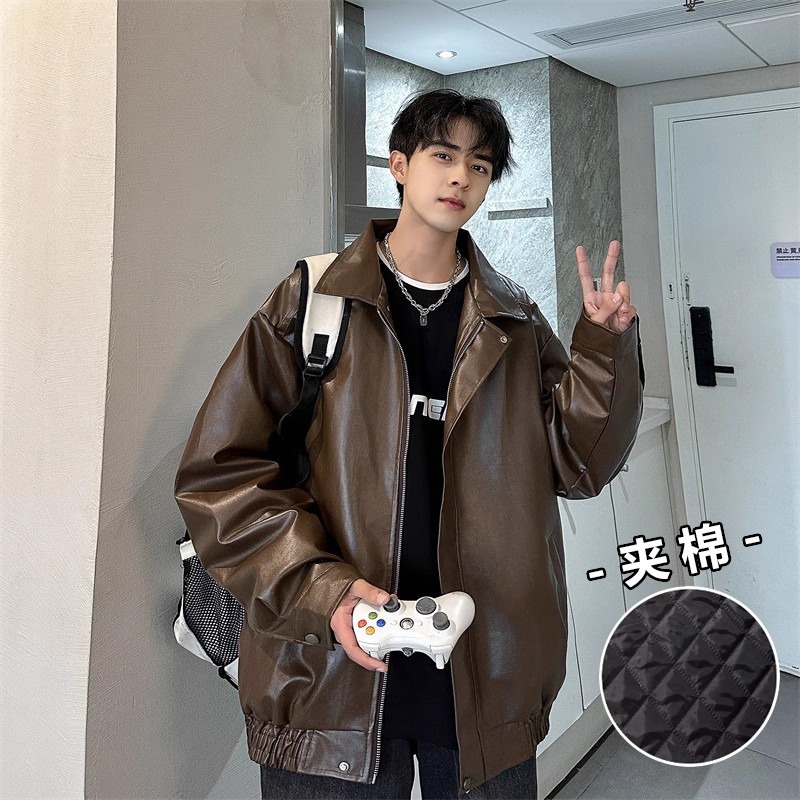 美式复古机车pu皮衣外套男女夹棉加厚痞帅百搭高级感翻领夹克上衣