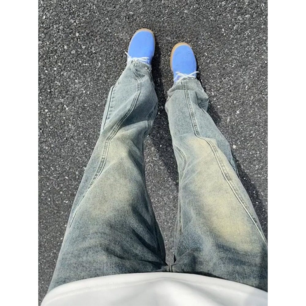 廓形直筒裤窄版修身微喇裤子美式复古水洗弯刀牛仔裤男款潮牌斜切