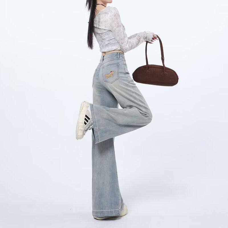 浅色腊肠狗刺绣牛仔裤女秋季秋冬2025新款小个子阔腿宽松微喇叭裤