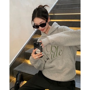 阿一 加厚灰色连帽休闲外套 刺绣加绒卫衣女秋冬宽松oversize美式