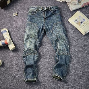 IT ins潮牌美式复古腰花牛仔裤男士直筒修身老爹裤弹力拼接休闲裤