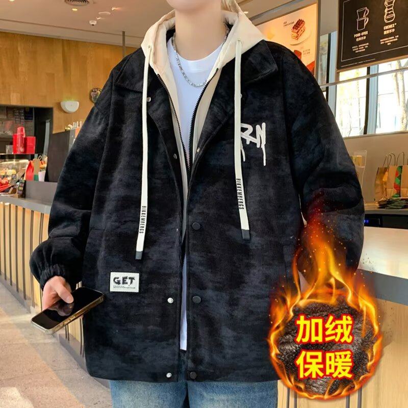假两件连帽外套男款秋冬季加绒潮流复古夹克港风宽松男生棒球服