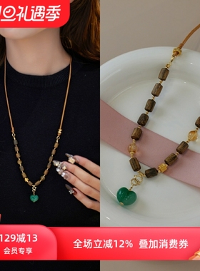 赛赛莉安原创设计屁桃爱心蜜蜡非洲翠奇楠沉香秋冬毛衣链长款项链