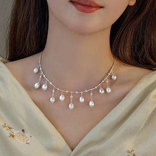 赛赛莉安轻奢气质天然淡水珍珠流苏项链S925银锁骨小众设计毛衣链