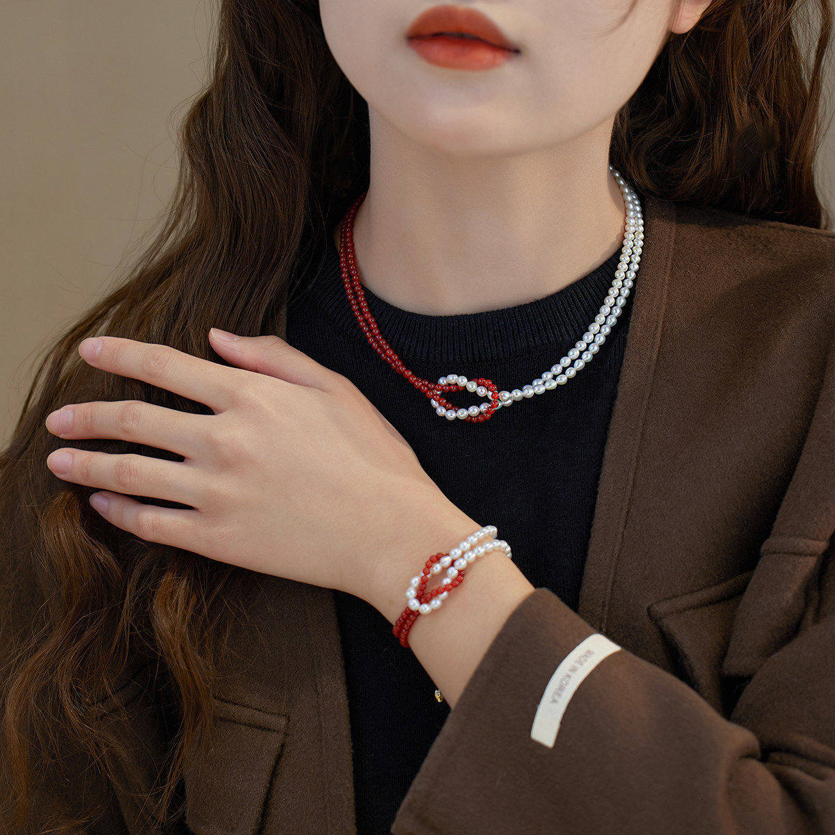 赛赛莉安天然淡水珍珠新年红玛瑙氛围感双层叠戴项链手链小众设计