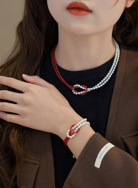 天然珍珠红玛瑙双层叠戴手链