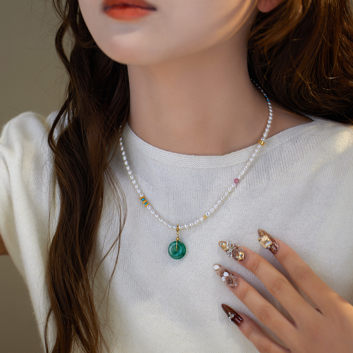 非洲翠平安扣天然珍珠轻奢项链