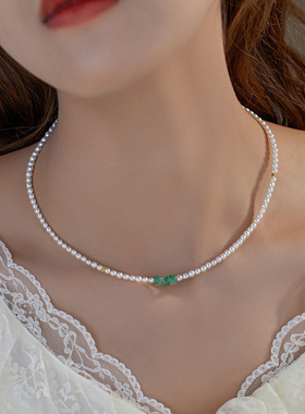 赛赛莉安飘花非洲翠天然淡水珍珠14K包金锁骨项链简约轻奢气质女