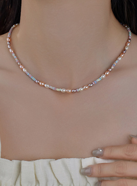 赛赛莉安天然淡水珍珠彩色石14K包金多巴胺锁骨项链简约气质百搭