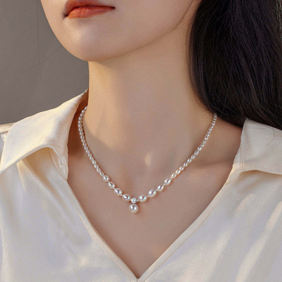 原创设计戴妃款渐变强光天然珍珠S925纯银碎银子气质项链生日礼物