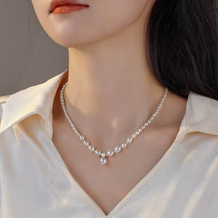 原创设计戴妃款渐变强光天然珍珠S925纯银碎银子气质项链生日礼物