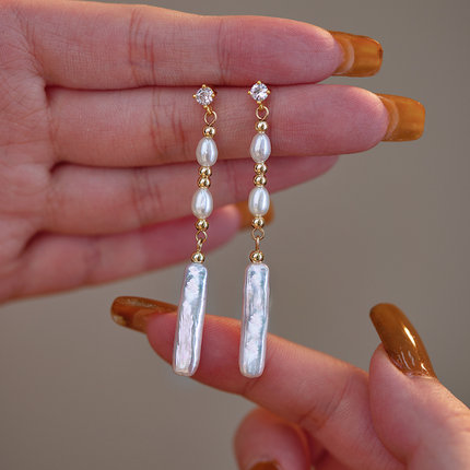 赛赛莉安银条巴洛克珍珠气质小众设计高级感925纯银长款耳环耳夹