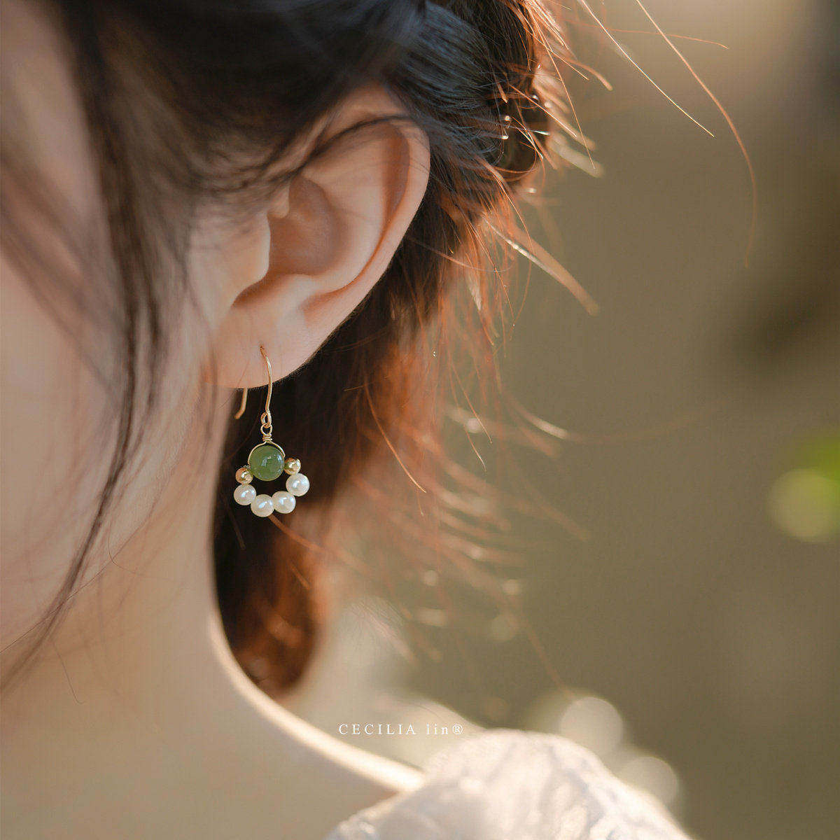 赛赛莉安和田玉碧玉珍珠耳环14K包金耳夹简约气质网红小众个性女