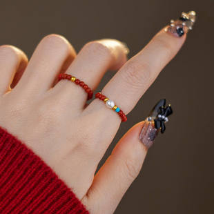 赛赛莉安天然淡水珍珠南红绿松S999纯银戒指新中式新年红色复古女