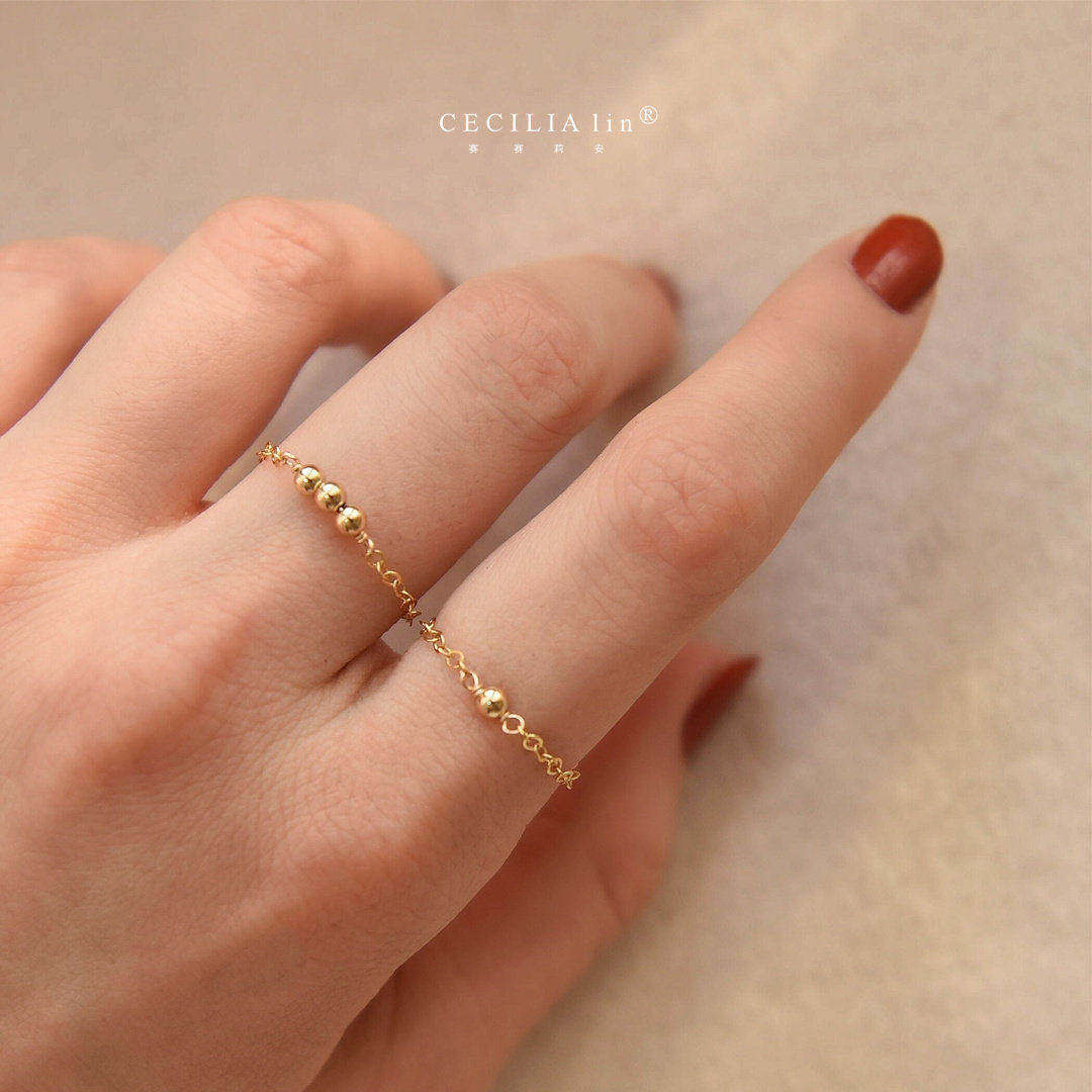 回馈 可水洗！气质小金珠14K包金链条戒指环时尚叠戴尾戒时尚ins