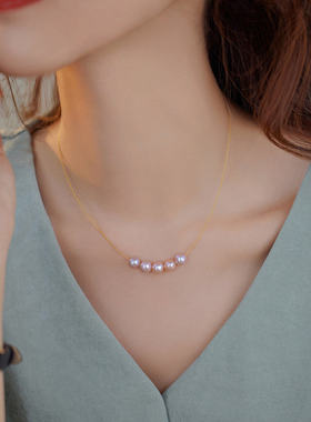 特馈！赛赛莉安7MM粉紫色天然淡水珍珠金线项链简约精致百搭气质