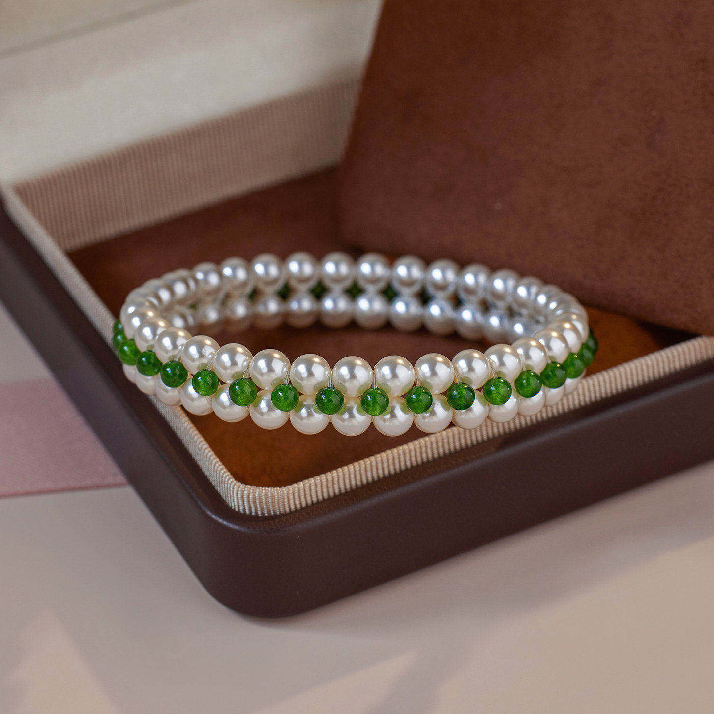 赛赛莉安正阳绿玉髓施家珍珠多层手镯小众设计轻奢气质手链新中式