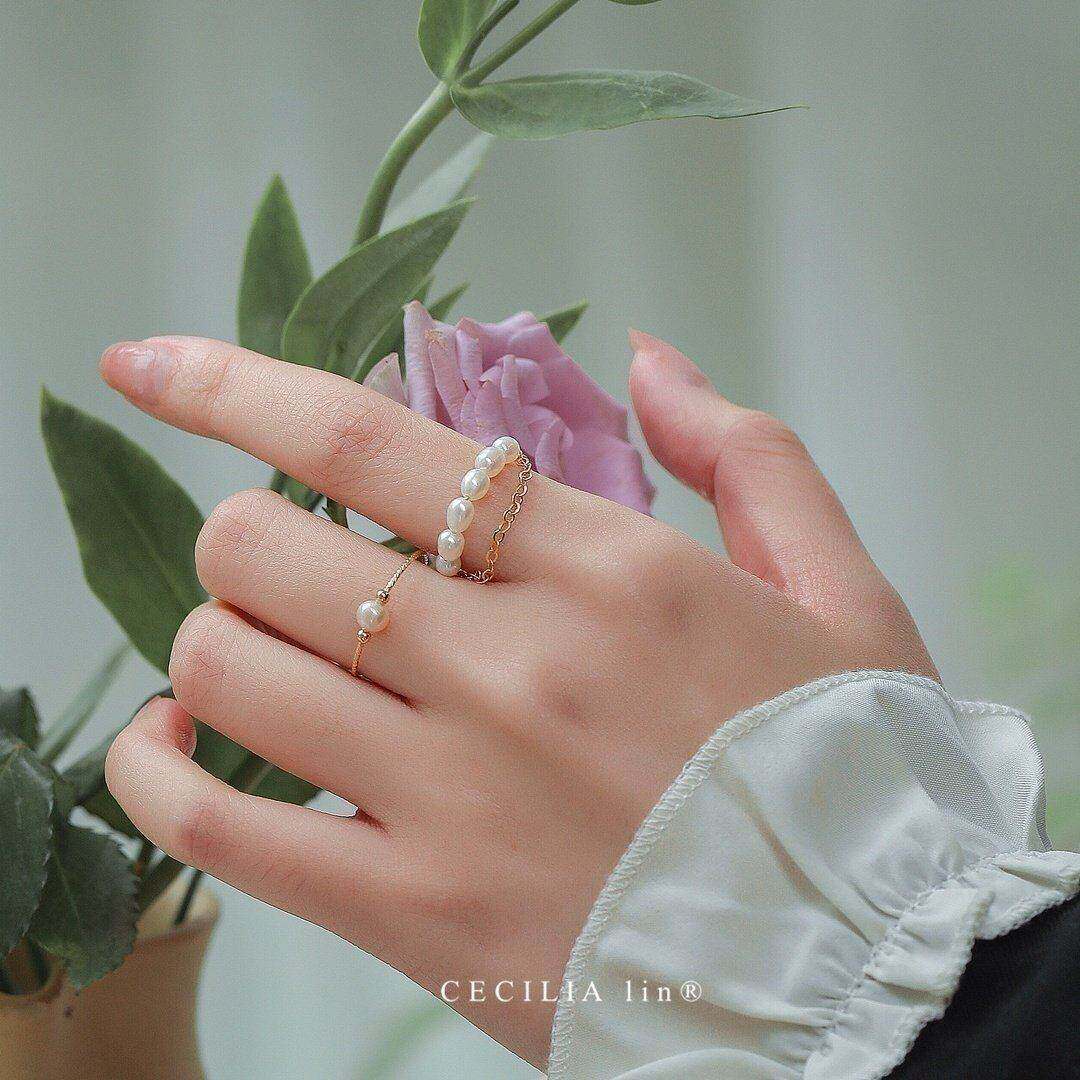 赛赛莉安珍珠14k包金双层戒指简约轻奢网红日系冷淡风指环个性女