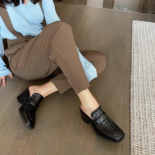 InkingPot 彭姐方头粗高跟穆勒鞋2025新款真皮懒人一脚蹬包头鞋女