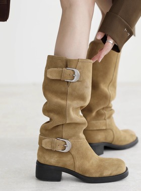 【回馈款】InkingPot一脚蹬长筒堆堆靴牛皮骑士靴直筒靴女2025新