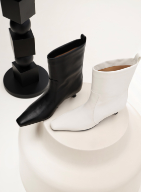 InkingPot彭姐 极简row风小方头短靴女牛皮短筒靴子小猫跟直筒靴