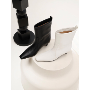 InkingPot彭姐 极简row风小方头短靴女牛皮短筒靴子小猫跟直筒靴