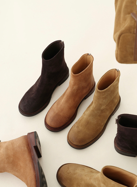 InkingPot彭姐复古擦色牛皮圆头平底短靴女英伦风后拉链切尔西靴