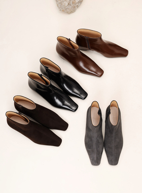 InkingPot彭姐 秋冬极简方头内增高踝靴女老钱风侧拉链真皮短靴子