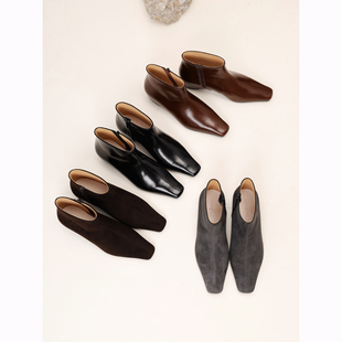 InkingPot彭姐 秋冬极简方头内增高踝靴女老钱风侧拉链真皮短靴子