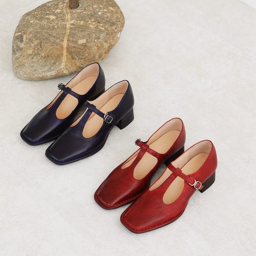 InkingPot彭姐 水洗马皮气质方头复古玛丽珍女鞋一字带粗跟单鞋女