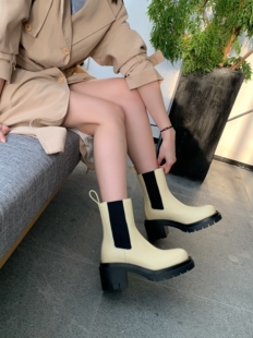 InkingPot彭姐秋冬真皮圆头粗跟烟筒靴粗高跟切尔西靴马丁短靴