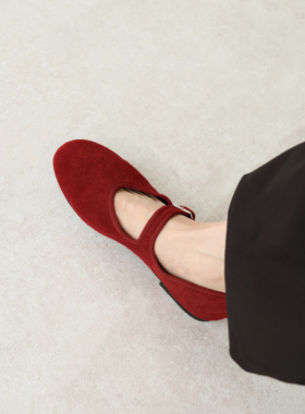 InkingPot彭姐 红色反绒一字带玛丽珍鞋女平底浅口奶奶鞋舒适单鞋
