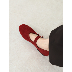 InkingPot彭姐 女平底浅口奶奶鞋 舒适单鞋 红色反绒一字带玛丽珍鞋