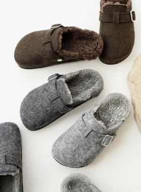 InkingPot彭姐 厚底百搭勃肯拖鞋女包头毛毡绒面一脚蹬羊毛穆勒鞋