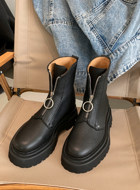InkingPot彭姐 前拉链荔枝纹厚底马丁靴英伦风黑色牛皮短靴女秋冬