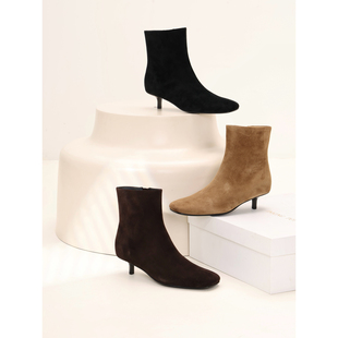 InkingPot彭姐 靴冬 复古小方头羊皮短靴女细跟短筒侧拉链靴子时装