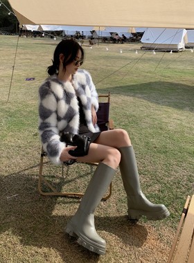 InkingPot彭姐增高底圆头一脚蹬及膝靴纯皮显腿瘦长筒靴酷骑士靴