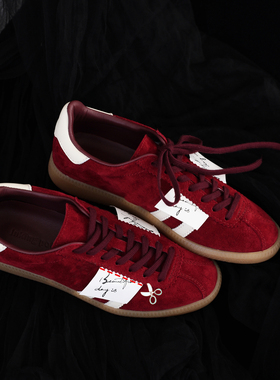 InkingPot彭姐 2025新款丝绒红德训鞋舒适平跟休闲鞋羊皮反绒板鞋