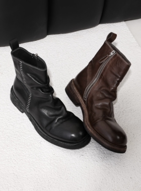 InkingPot彭姐 重工水洗马皮皱皱短靴女圆头厚底侧拉链马丁靴新品