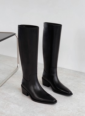 InkingPot彭姐 小方头粗跟长筒靴黑色及膝靴真皮高筒骑士靴女秋冬