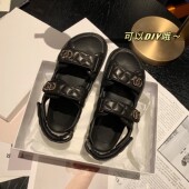 小香风平底真皮菱格魔术贴厚底增高罗马凉鞋 InkingPot彭姐 夏季 女