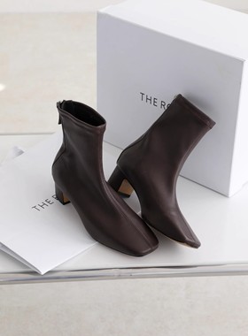 InkingPot彭姐 方头弹力羊皮瘦瘦靴粗跟短靴女法式极简后拉链踝靴