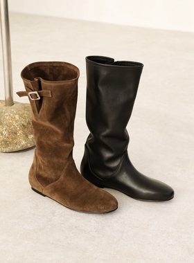 InkingPot彭姐 随性褶皱堆堆靴女内增高柔软中筒靴牛皮复古西部靴