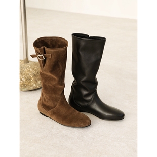 InkingPot彭姐 随性褶皱堆堆靴女内增高柔软中筒靴牛皮复古西部靴
