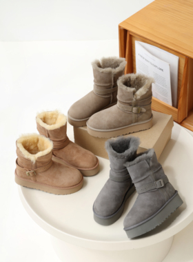 InkingPot彭姐 羊皮毛一体厚底中筒雪地靴加厚保暖骑士毛毛短靴女