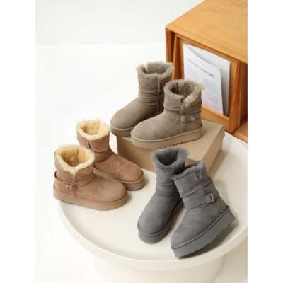 彭姐羊皮毛一体厚底中筒雪地靴