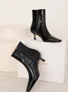 InkingPot彭姐 极简老钱风方头马皮短靴女小猫跟牛皮时装靴2025年
