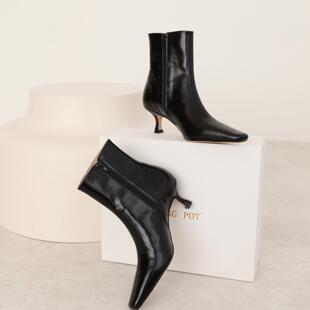 InkingPot彭姐 靴2026年 极简老钱风方头马皮短靴女小猫跟牛皮时装