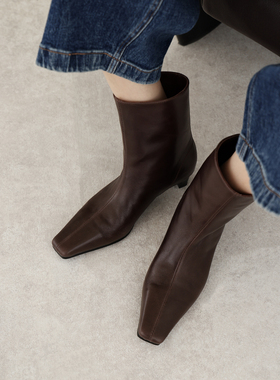 InkingPot彭姐 法式中跟小牛皮短靴女复古一脚蹬宽筒踝靴切尔西靴