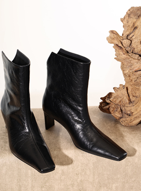 InkingPot彭姐 设计感复古小方头高跟短靴女小牛油皮宽筒秋冬靴子